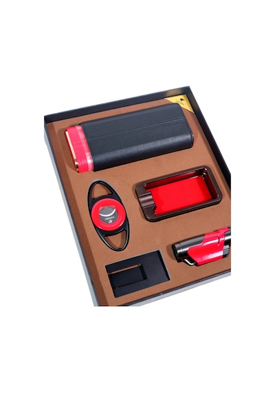 Cohiba Çakmak Kesici Küllük Kılıf Sehpa Beşli Kırmızı - Siyah Puro Seti - Tr9095
