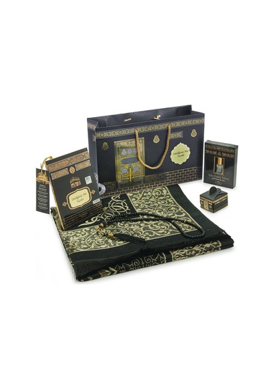 İsme Özel Kabe Desenli Çantalı İsimli Yasin Kitabı, Tesbih, Esans Ve Seccade Seti Siyah Siyah