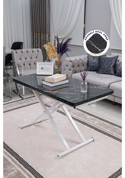 Home Üst Tabla Mdf Siyah Mermer Oval Köşe Alt Beyaz