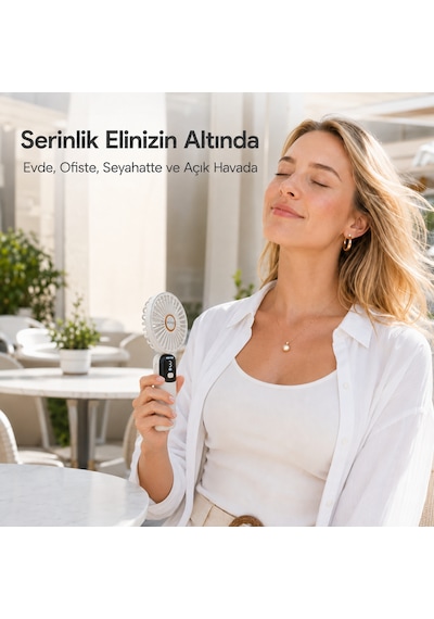 Mkio Şarjlı El Vantilatörü 5 Kademeli, Katlanabilir Dijital Ekranlı Mini El Fanı, 1200 Mah, 5 Pervaneli Güçlü Hava Akışı, Standlı Masaüstü Fan, Usb Şarjlı -beyaz