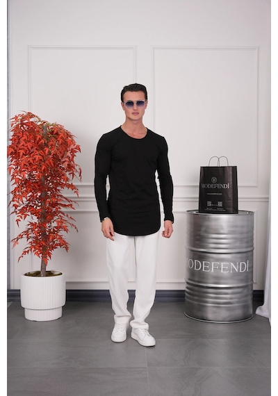 Modefendi Slim Fit Oval Kesim Uzun Kollu Pamuk Basic Tshırt Siyah