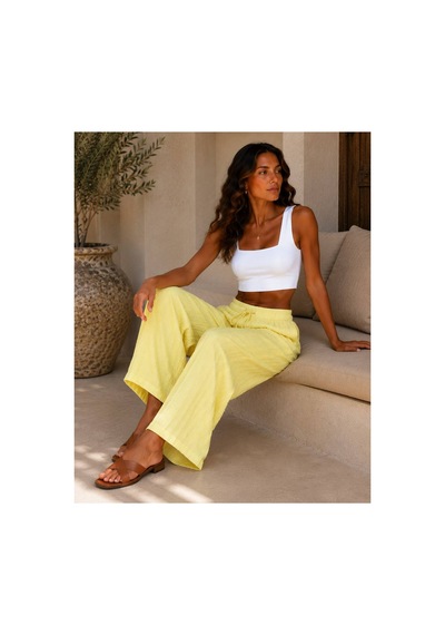 Hira Life Fashion Kadın Kumaşı Kabartma Detaylı Bol Paça Ve Önü Bağcıklı Salaş Burgu Şık Pantolon Sarı Sarı
