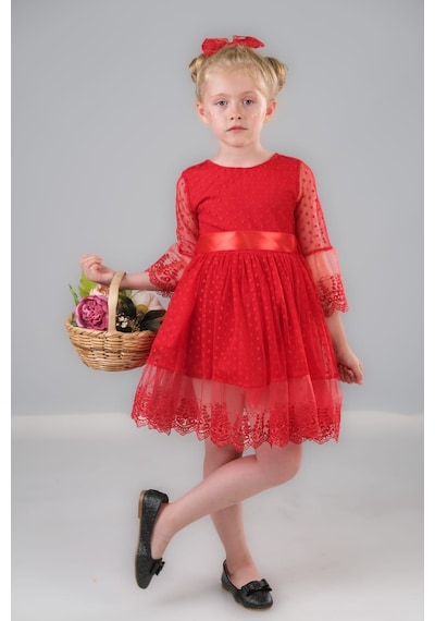 Mnk Baby & Kids Dream Luxury Dantel Kız Çocuk Elbise Mnk0327 Kırmızı