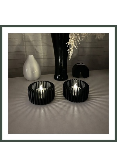 Bezos 3d Baskı Modern Çizgili Mumluk - Tealight Mumluk 1 Adet -siyah Nhr