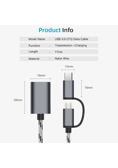 2 In 1 Usb 3.0 Otg Kablo Tipi C Mikro Usb Usb3.0 Adaptörü Usb-C V