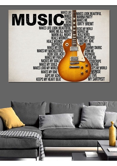 Müzik Yazılarıyla Çevrili Gitar Çizimi Dekoratif Kanvas - Mdf Ahşap Tablo