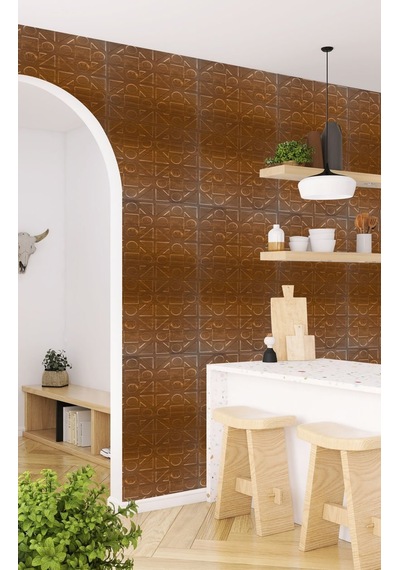 3 Boyutlu Duvar Paneli Kabartmalı Kareli Yuvarlak Desen Pvc 41x41 Cm/ 6 Adet /1 M² Altın Meşe