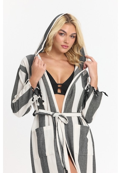 Mulberry Striped Peştemal Bornoz Banyo Ve Plaj Elbisesi Siyah