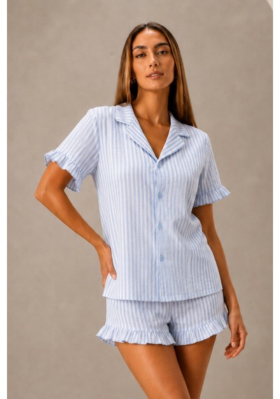 Kadın Günlük Düğmeli V Yaka Mavi Pijama Takımı