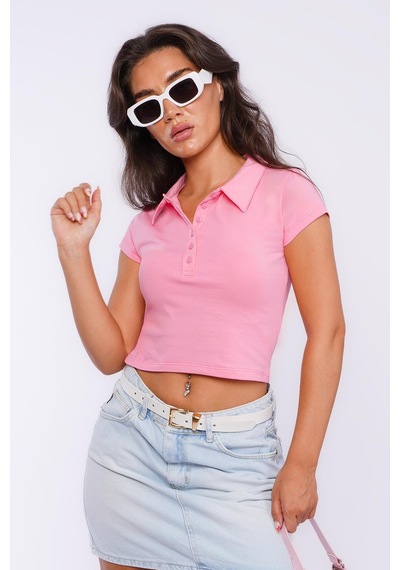 Pembe Polo Yaka Basic Kadın Tişört Mg2455 Pembe