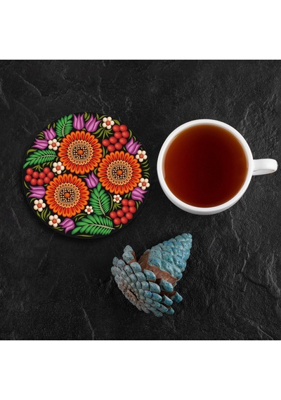 Valerine Life Kırmızı Papatyalı Yıkanabilir Kaydırmaz Ofis Çay Ve Fincan Bardak Altlığı 10x10cm 6 Ad Siyah