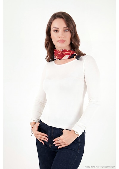Lela Kayık Yaka Basic Uzun Kollu Bluz Kadın Bluz 5867061 Ekru
