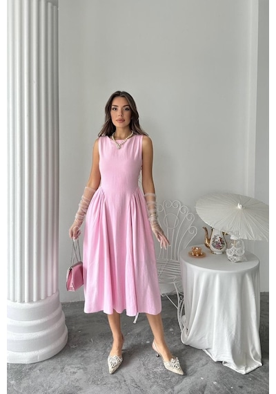 Etiler Collection Pembe Yanları Büzgülü Midi Boy Keten Elbise Pembe