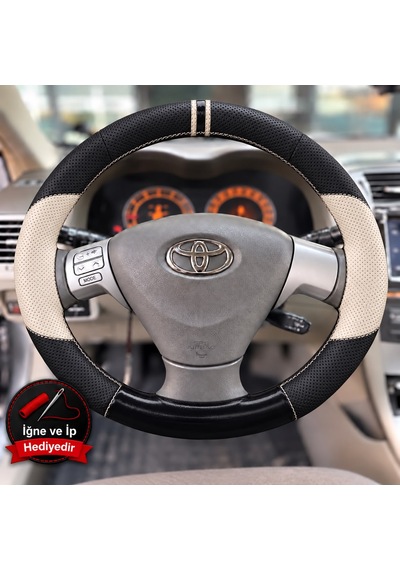 Toyota Corolla Verso E120 Dikme Direksiyon Kılıfı Delikli Deri Parlak Siyah Bej Detay Çift Yüzük Ve Dikiş 2001-2004