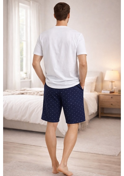 Erkek Pamuklu Baskılı Cepli Şortlu Pijama Takımı Ke30329 Mavi - Beyaz