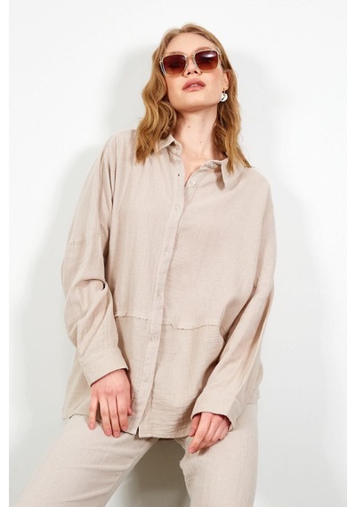 Manche Müslin Uzun Yıkamalı Oversize Rahat Kalıp Parçalı Kadın Düz Basic Gömlek Bej Mks166905-01 Manche Müslin Uzun Yıkamalı Oversize Rahat Kalıp Parçalı Kadın Düz Basic Gömlek Bej Mks166905-01
