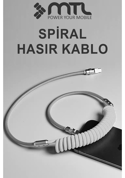 60w Type-c To Type-c Pd Turbo Şarj Spiral Sarmal Naylon Örgü Data Ve Şarj Kablosu 2 Metre Mt2461