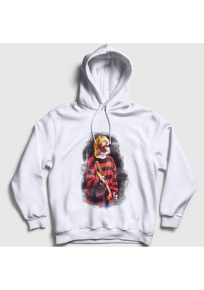 Presmono Unisex Watercolor Nirvana Kurt Cobain Kapüşonlu Sweatshirt Beyaz