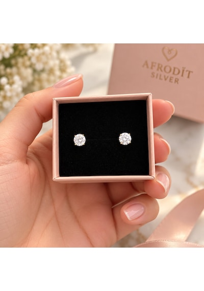 925 Ayar Gümüş 6 Mm Zirkon Taşlı Sarı Gold Kaplama Kadın Küpe Altın - Gümüş