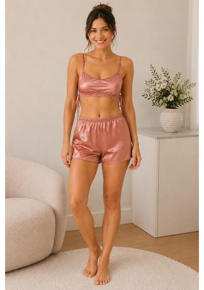 Loule Kadın Bakır Yanı Bağlamalı Saten Büstiyer Şort Pijama Takımı