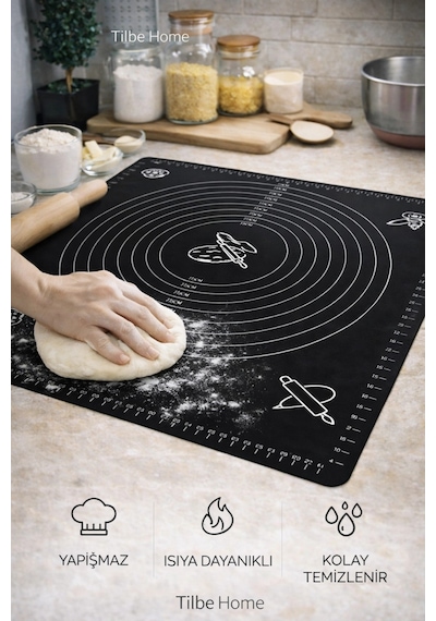 Tilbe Home Silikon Hamur Açma Yoğurma Matı Fırın Altlığı Ölçekli Mat Orta Boy Siyah 50x40cm