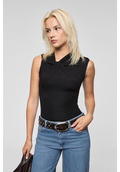Grımelange Orılenna Kadın Önü Düğüm Detaylı Vücudu Saran Sıfır Kollu Slim Fit Siyah Bluz Siyah