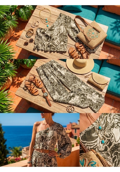 Fashion Cocktail Hint Şal Desenli Asimetrik Tek Omuz Tek Kol Pantolon Crop Yazlık Tatil Bohem Boho Takım Haki Fashion Cocktail Hint Şal Desenli Asimetrik Tek Omuz Tek Kol Pantolon Crop Yazlık Tatil Bohem Boho Takım Haki