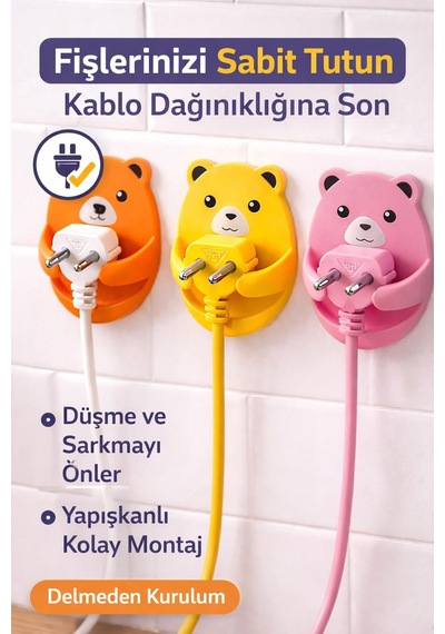 1 Adet Yapışkanlı Ayı Desenli Kablo Organizeri Fiş Askısı Priz Düzenleyici
