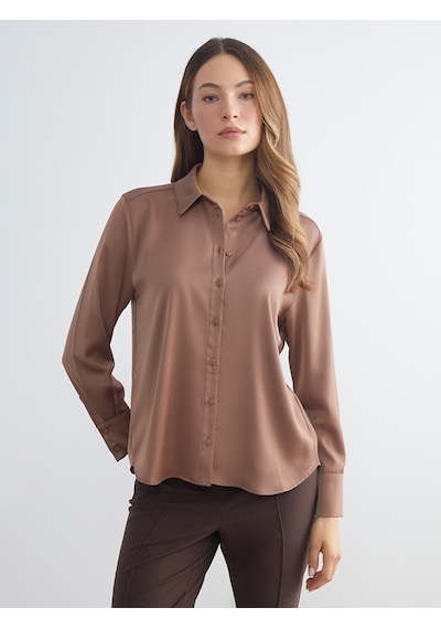 Lcwaıkıkı Classic Kahverengi Oversize Saten Kadın Gömlek
