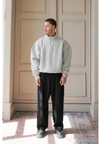 Gri Cozy Basic Yarım Fermuar Oversize Sweatshirt Gri
