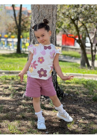 Kız Çocuk Çiçek Desenli Fırfırlı Tişört Ve Müslin Şort 2'li Takım Mor