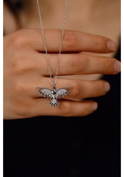 Roza Silver Oniks Taşlı Rodyum Anka Kuşu Gümüş Kolye