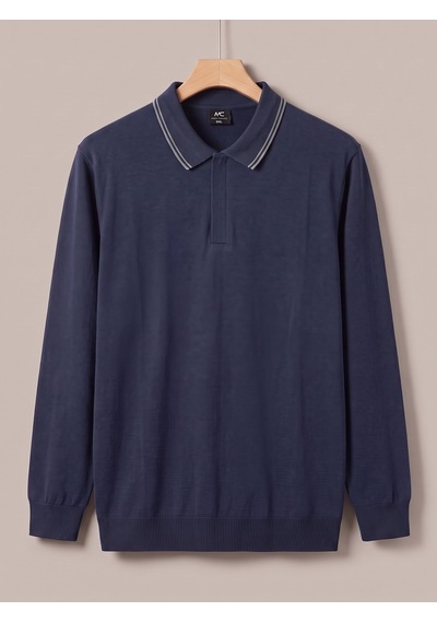 Maccali Erkek Lacivert Büyük Beden Gizli Fermuarlı Polo Yaka Triko Sweatshirt