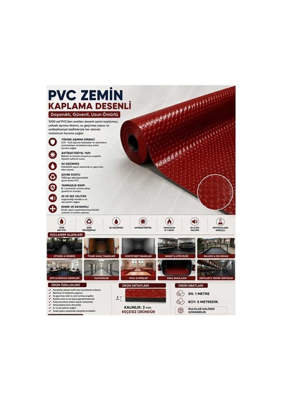 Pvc Desenli Zemin Kaplama Muşambası 2mm 1x5 Metre Kaymaz Araç Konteyner Oto Taban Kaplaması Bordo