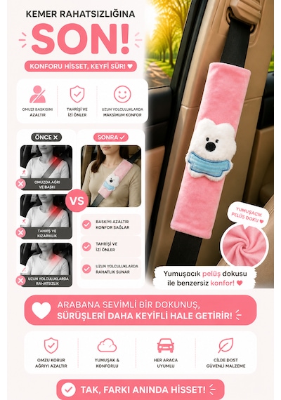 Ayıcık Pembe Emniyet Kemeri Aksesuarı - Emniyet Kemeri Kılıfı - Araç Emniyet Kemeri Omuz Koruyucu 1 Adet