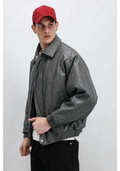 Vamos Oversize Deri Bomber Ceket Gri