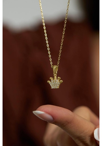 Roza Silver Zirkon Taşlı Gold Taç Model Minimal Gümüş Kolye
