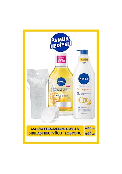 NIVEA Aydınlatıcı Micellar Makyaj Temizleme Suyu 400 ML + Q10 Sıkılaştırıcı Vücut Losyon 400 ML