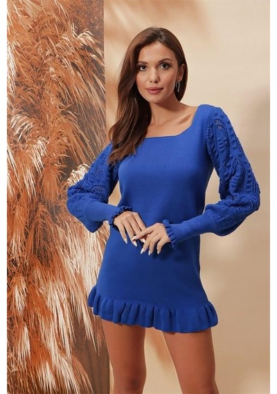 Aqe Fashion Kol Dantel Detaylı U Yaka Eteği Fırfırlı Saks Mavi Elbise Saks Mavi