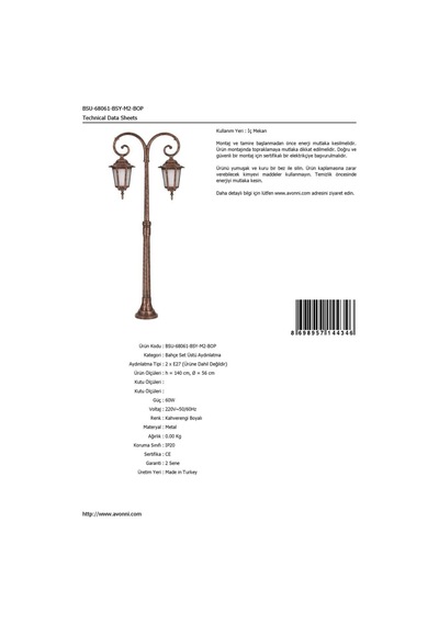 Avonnı Bsu-68061-bsy-m2-bop Kahverengi Elektrostatik Toz Boyalı Dış Mekan Aydınlatma, E27, Aluminyum, Cam, 56cm Sku: Smgstk1f0f8a2576 .