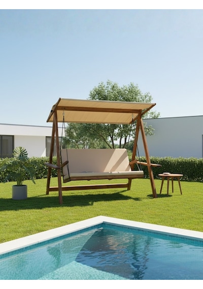 Riva 2100 3 Kişilik Ahşap Bahçe Salıncağı, Balkon ve Teras Salıncağı, Tenteli Camel