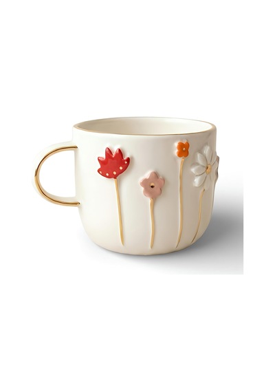 Dearmoon House El Yapımı Seramik Mug, 24 Karat Gerçek Altın Bezemeli, Çiçek Desenli, Atlı Karınca Kutulu, Hediye Seti, Lüks Kupa Beyaz - Çok Renkli