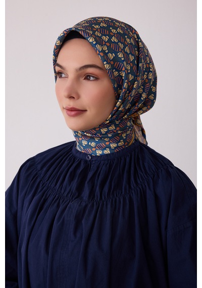 Belli Geometrik Desen %100 Twill İpek Eşarp Be03 Hardal