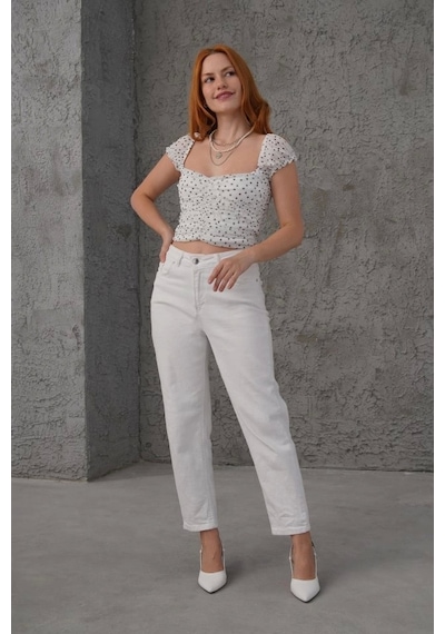 Defymoda Puantiyeli Belden Oturtmalı Tül Beyaz Bluz Beyaz
