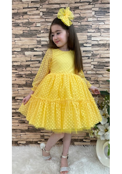 Mnk Baby & Kids Katkat Prenses Dantel Tokalı Kız Çocuk Elbise Sarı