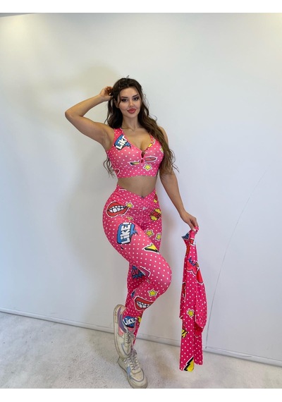 Pink Life Pembe Desenli Taytlı Büstiyerli Üçlü Takım Pembe