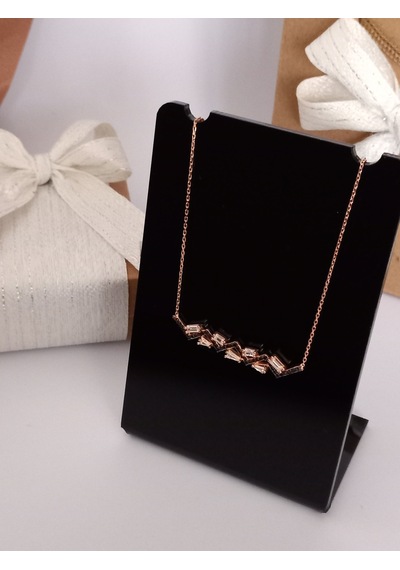 Gümüş Siyah Baget Zirkon Taşlı Gold Zincirli Kadın Trend Kolye Ö