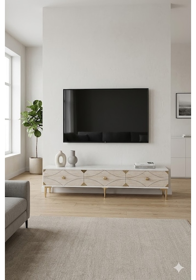 Tsa1897btg Alfa Tv Sehpası Beyaz-traverten-gold 180cm