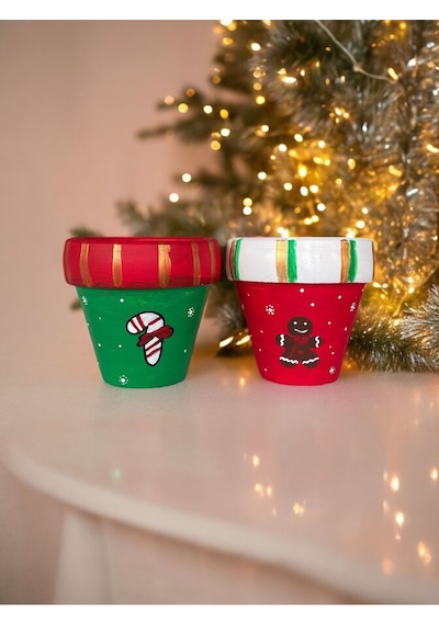 El Çizimi Yılbaşı Saksı Noel Saksı 2li Set Renkli