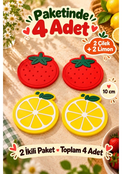 4'lü Çilek Limon Desenli Bardak Altlığı Seti 10 Cm Kahve Fincan Altlığı Renkli Sofra Sunum Aksesuarı Çok Renkli